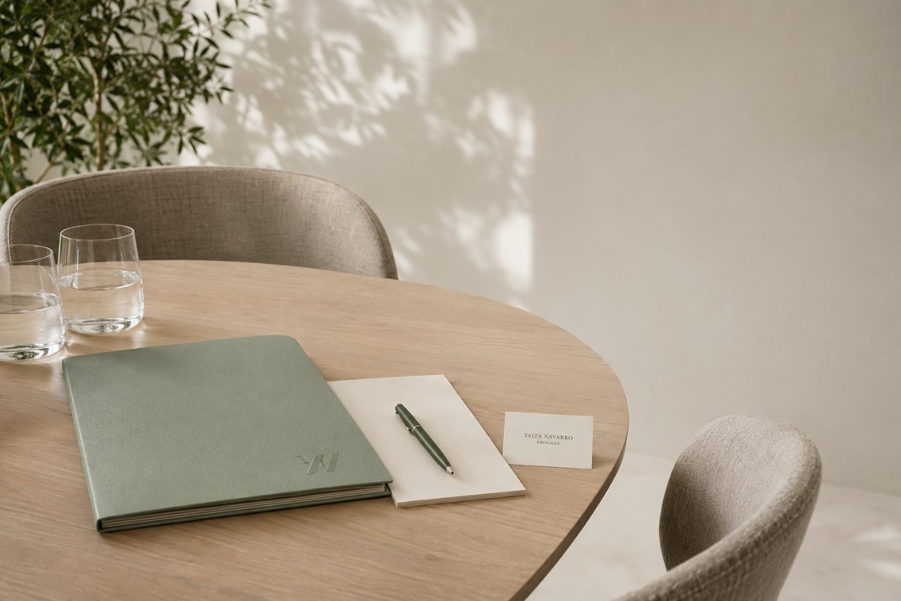 Mesa de reunión con carpeta, cuaderno y tarjeta de Yaiza Navarro